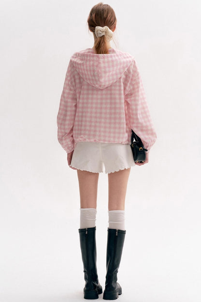 Cream Pink Plaid Lace Hooded Pullover Top