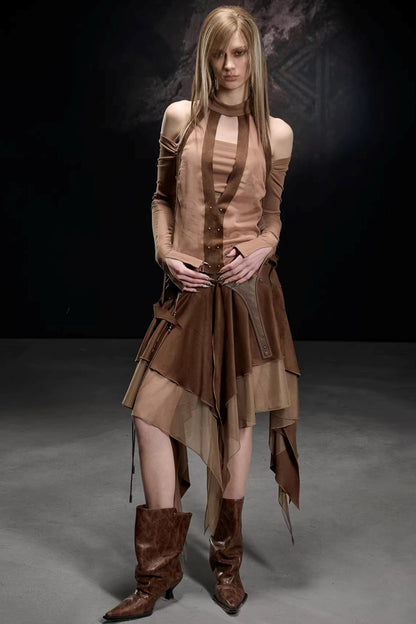 Imitation Suede Chiffon Off-Shoulder Top