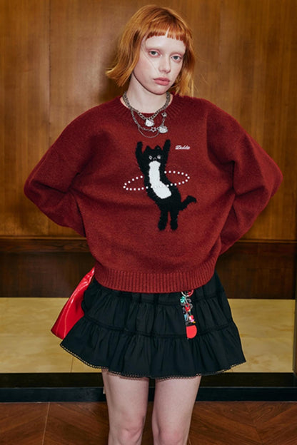 Laser Beaded Knitted Cat Top