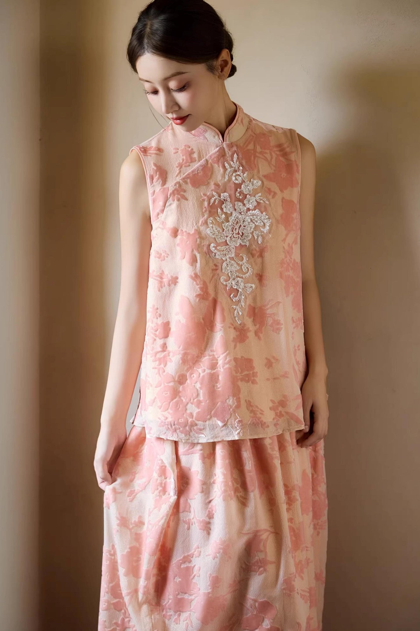 Embroidered Pink Cheongsam Skirt Set-Up