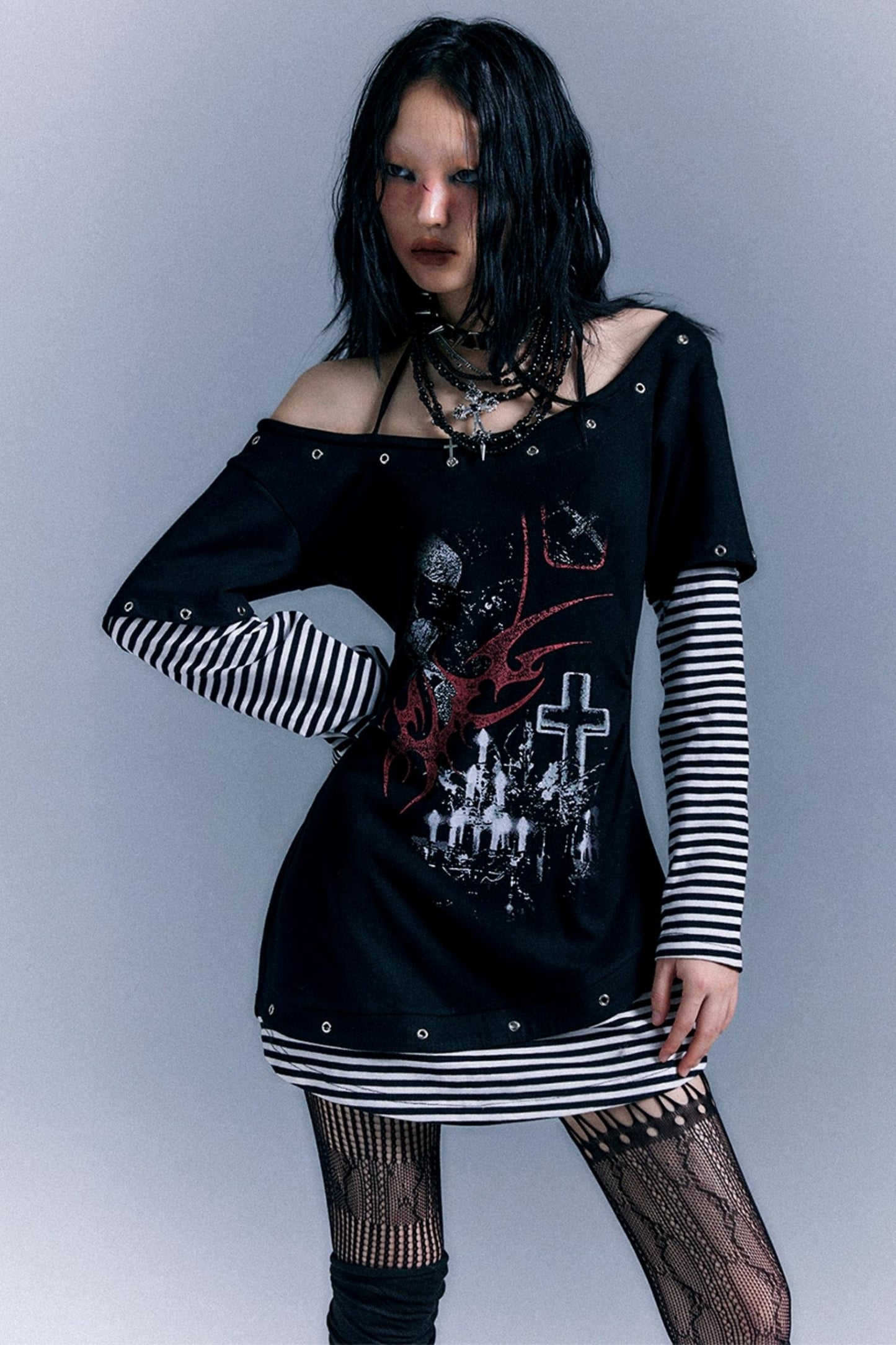 Punk Striped Cinched Waist T-Shirt Dress