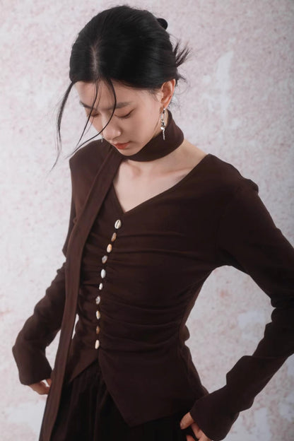 Caramel Coffee Shell Buckle Streamer Top