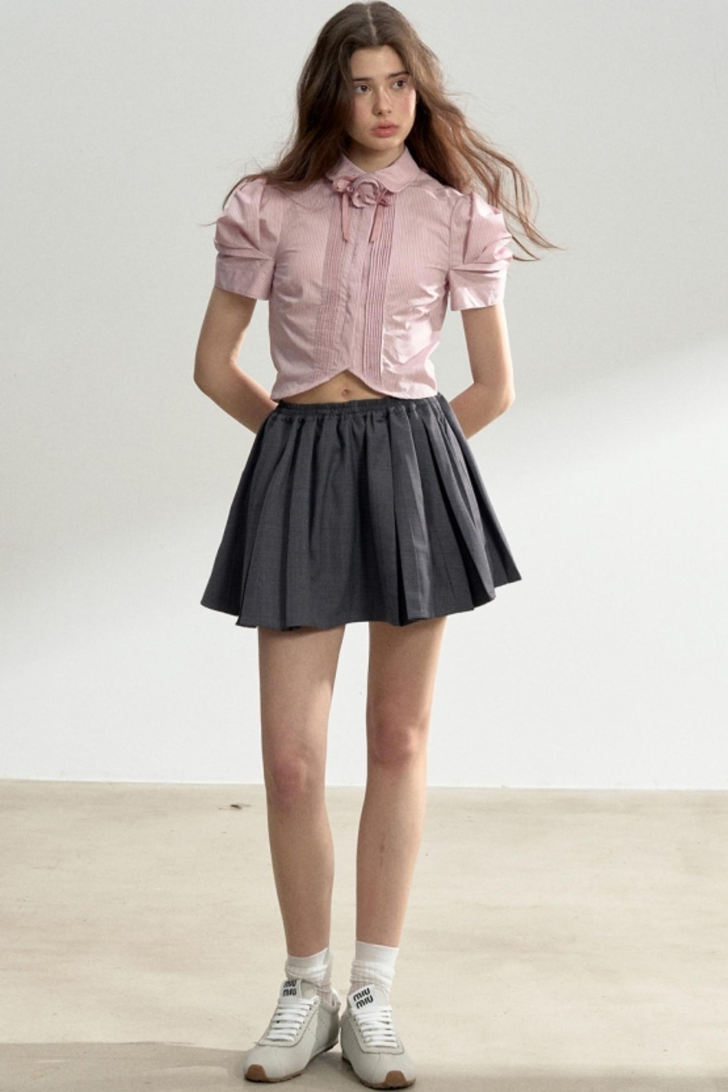 Vertical Stripe Bubble Sleeve Shirt