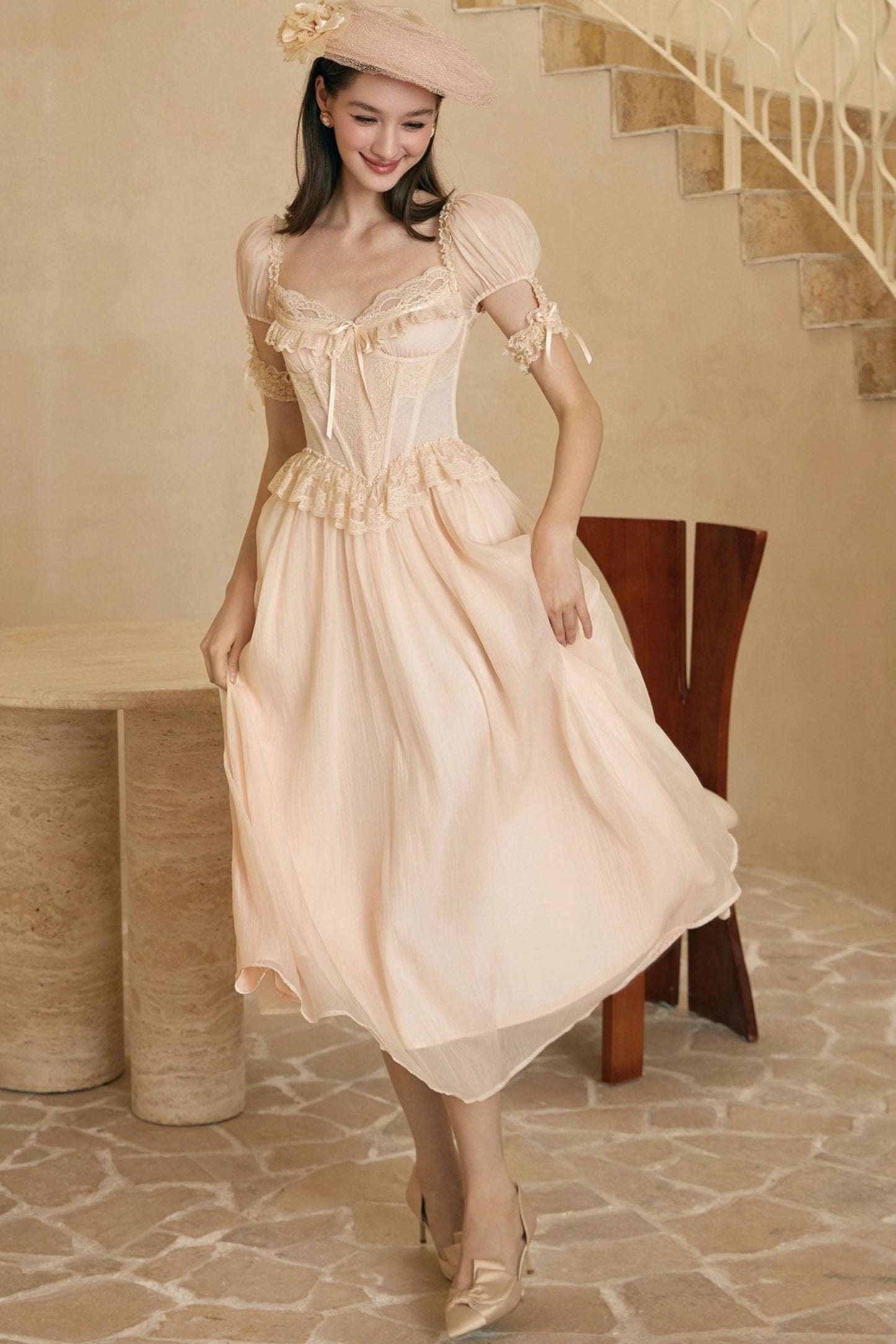 French Champagne Lace Corset Dress Set