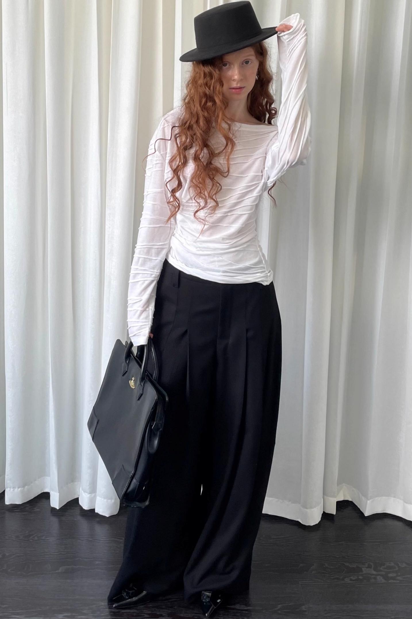 Pleated Slanted Shoulder Slimming Top