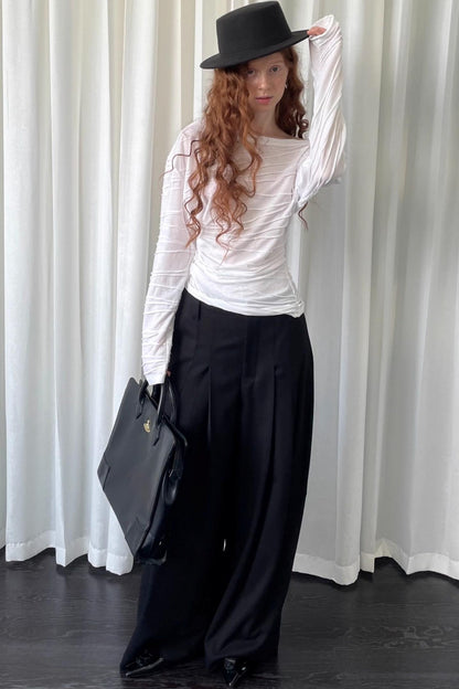 Pleated Slanted Shoulder Slimming Top