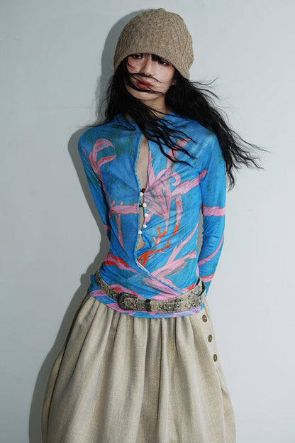 Chinese Mesh Cutout Long-Sleeved Top