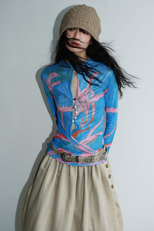 Chinese Mesh Cutout Long-Sleeved Top