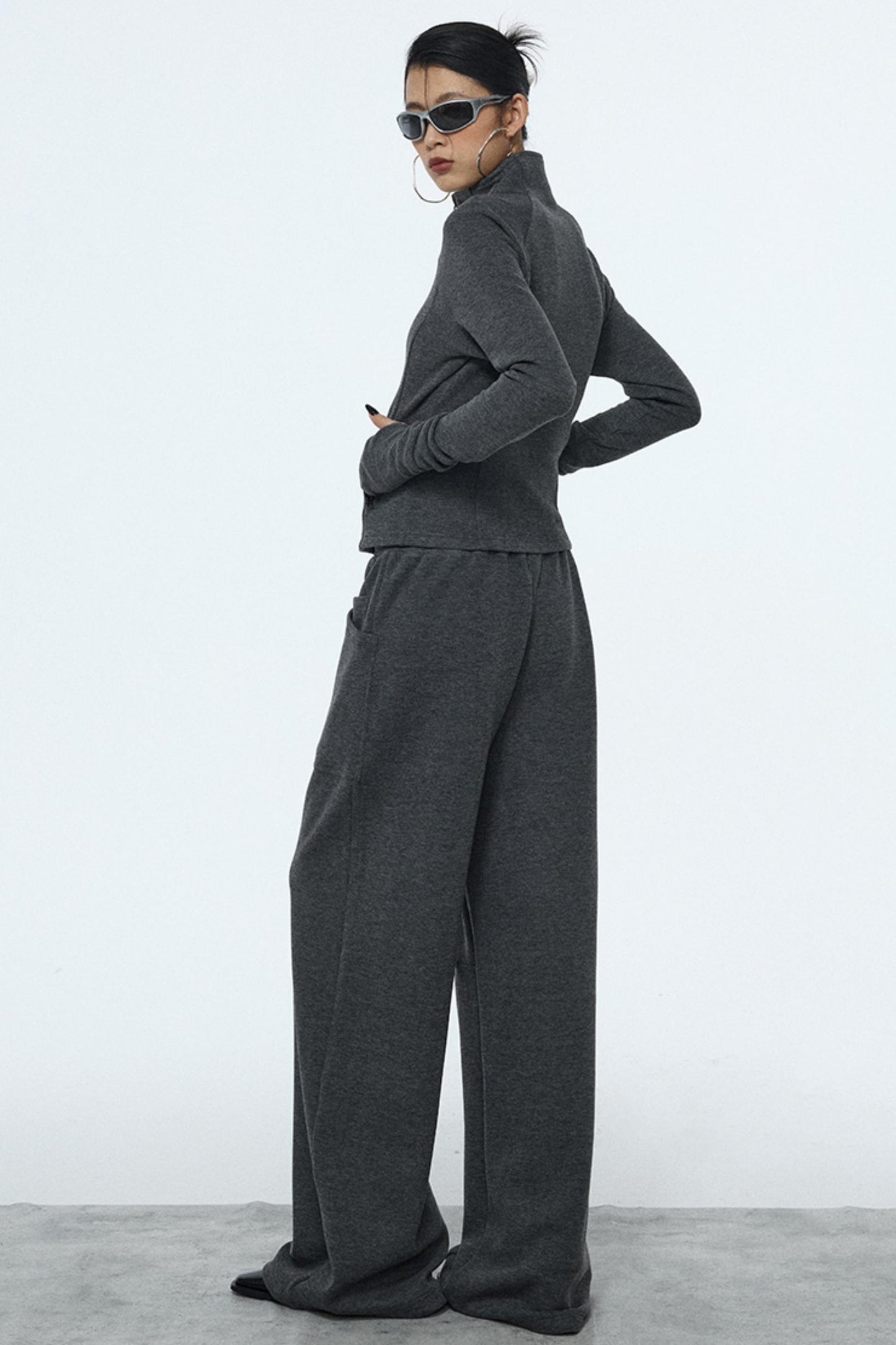 Gray Zipper Slim-Fit Top & Pants Set-Up