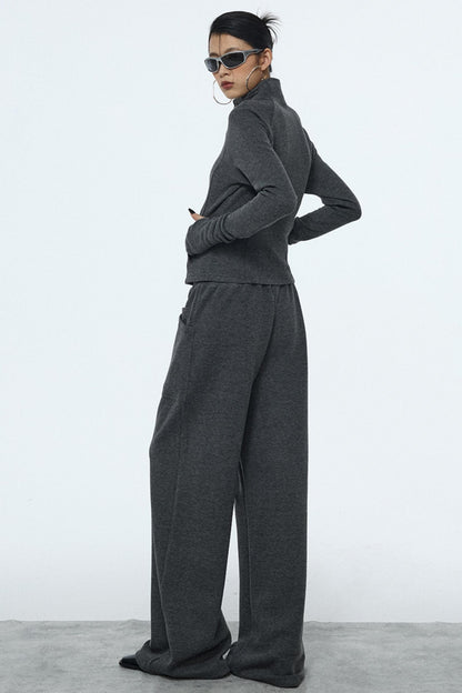 Gray Zipper Slim-Fit Top & Pants Set-Up