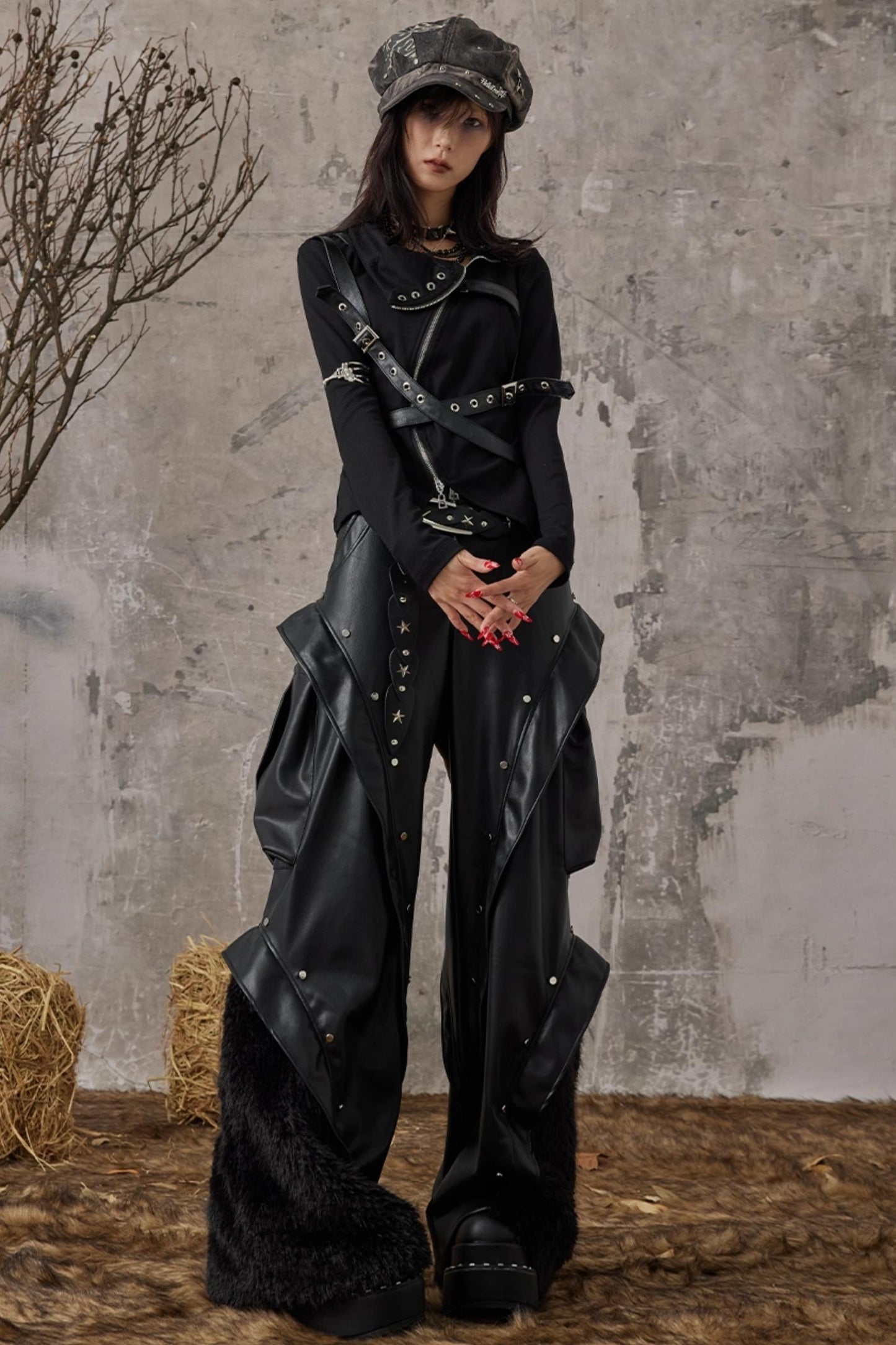 Autumn Punk Wide-Leg Leather Pants