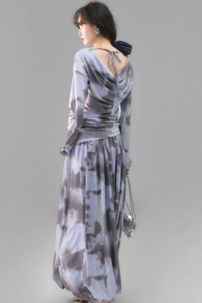 Poetic Swing Collar Print T-Shirt & Skirt Set-Up