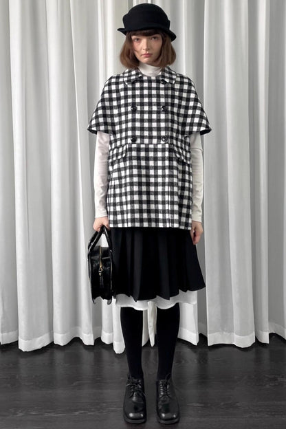 Black Plaid Lapel Woolen Coat