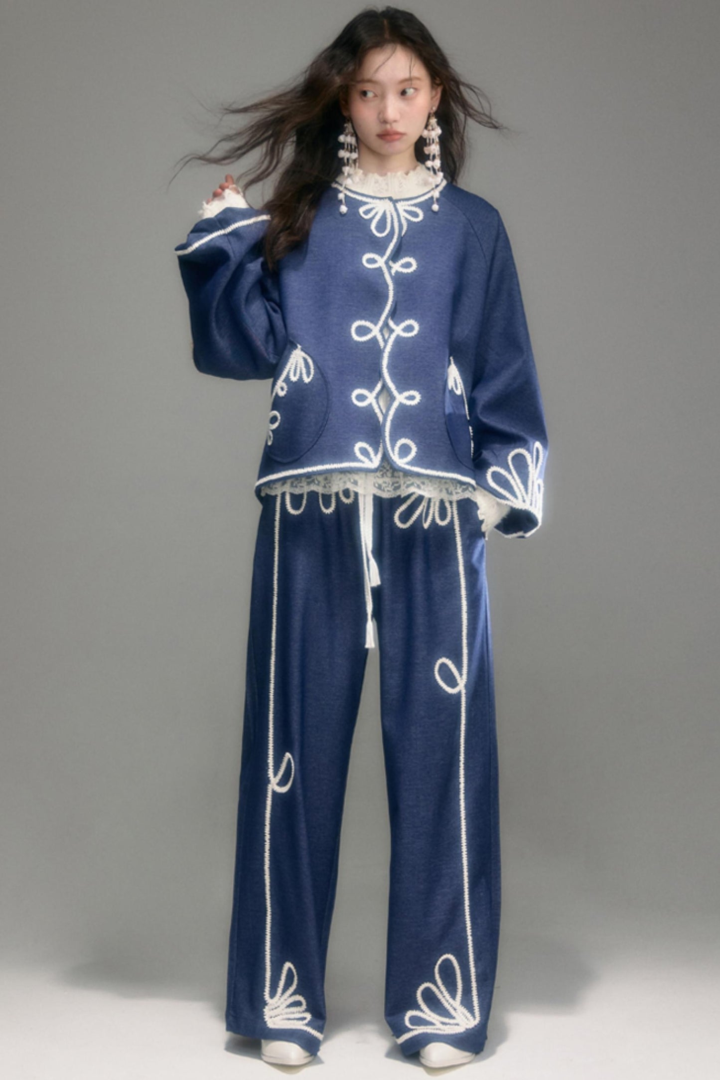 Vintage Embroidery Denim Cardigan Pants Set-Up