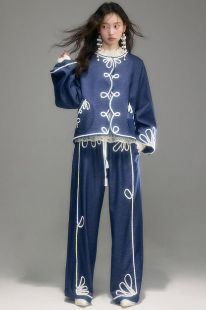 Vintage Embroidery Denim Cardigan Pants Set-Up