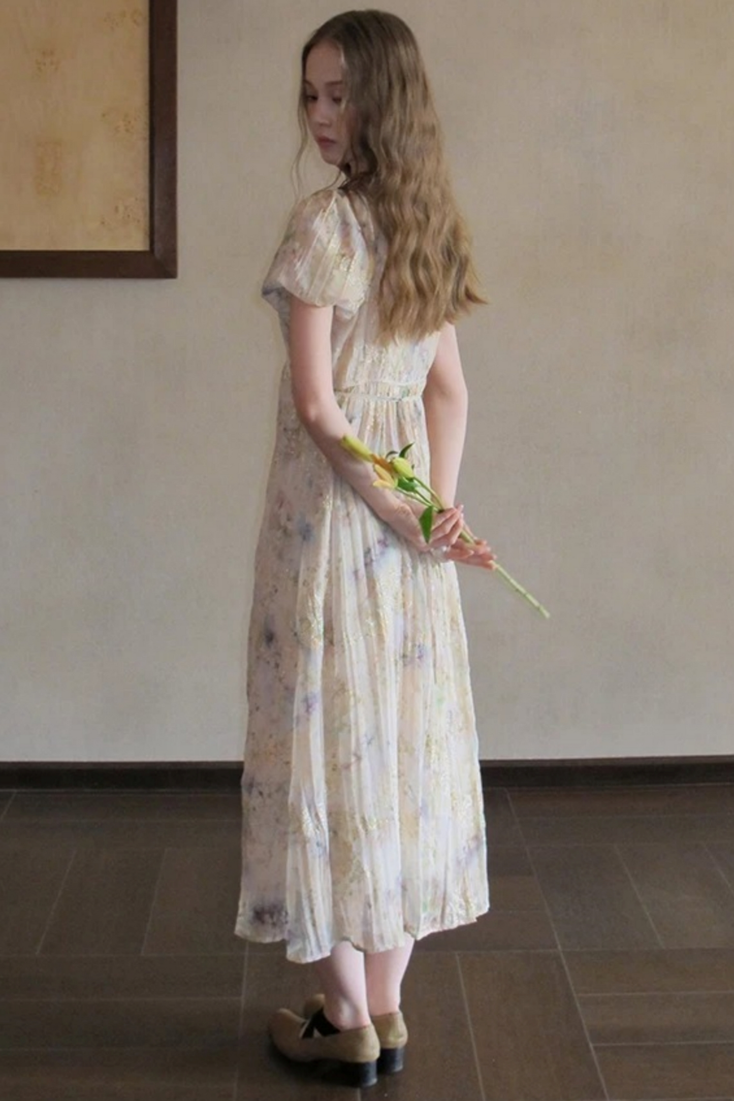 Embroidery Pleated Puff Sleeve Dress