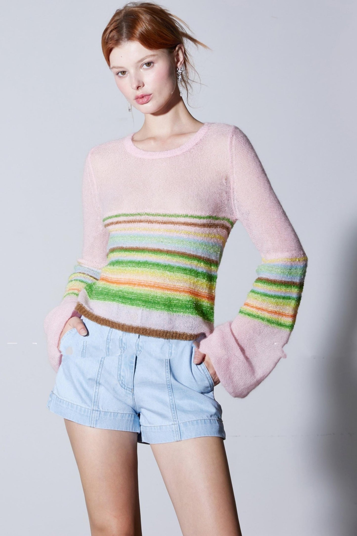 Mohair Silky Wool Rainbow Lantern Sleeve Sweater