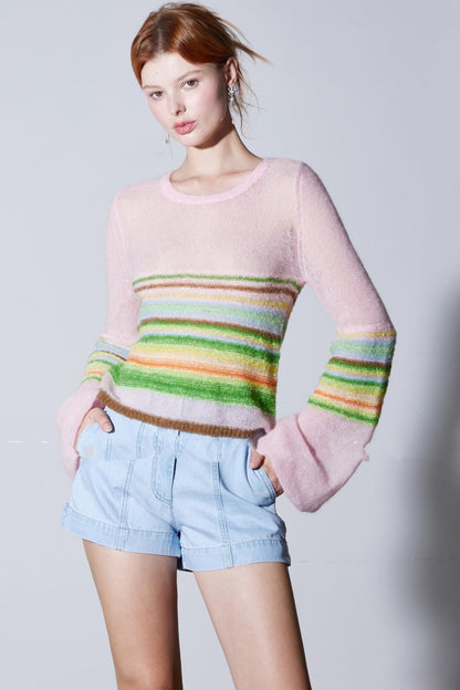 Mohair Silky Wool Rainbow Lantern Sleeve Sweater