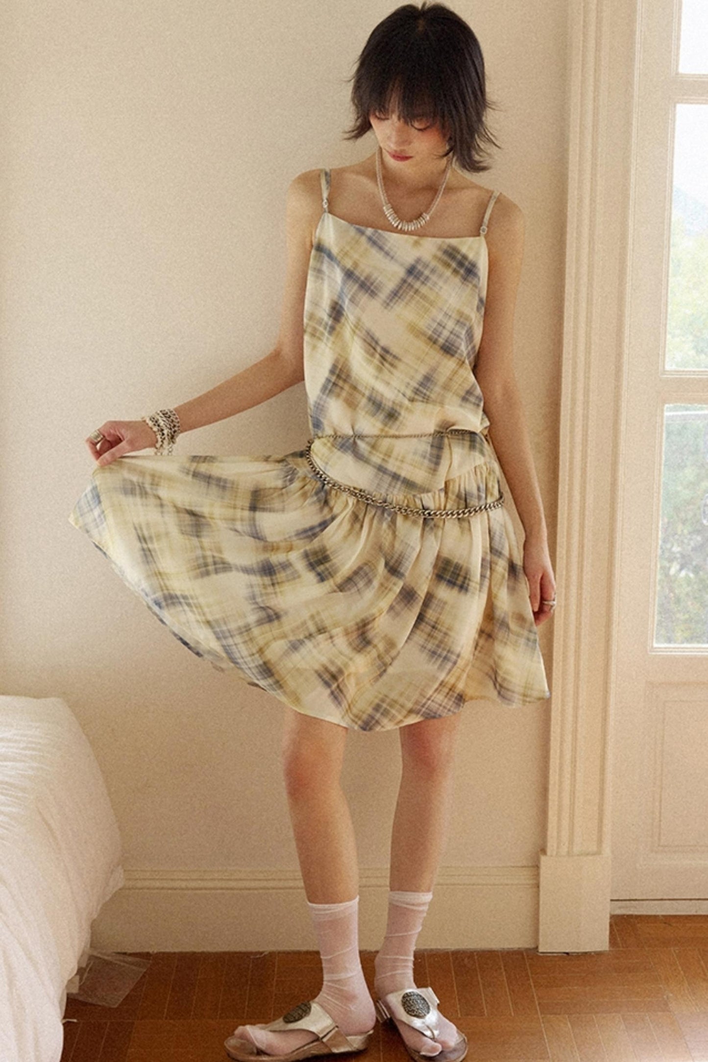 Illusion Plaid Halter Dress