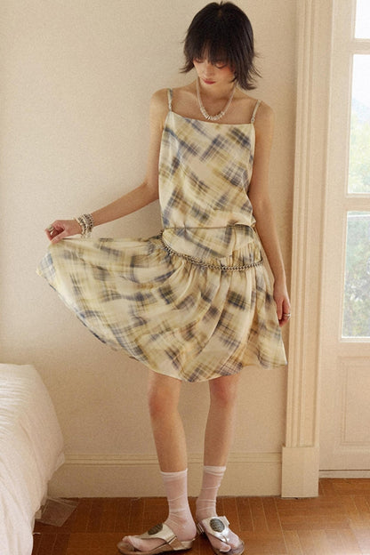 Illusion Plaid Halter Dress