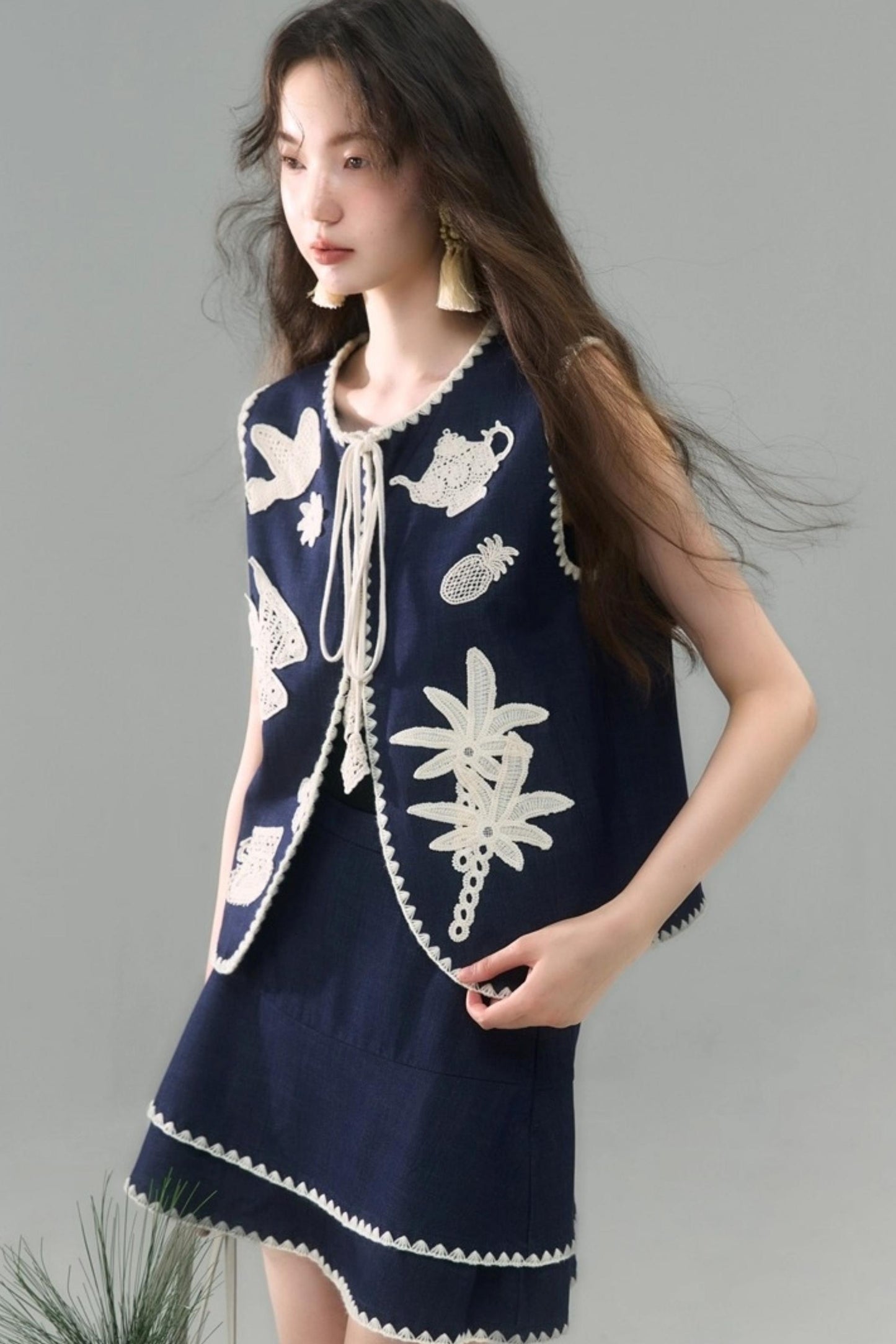 Island Tea Flower Embroidered Top & Skirt Set-Up