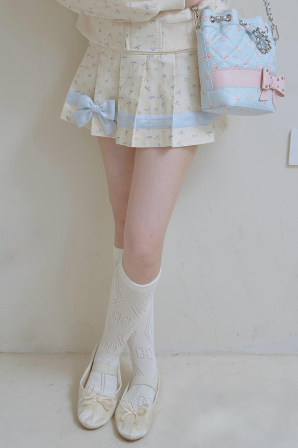 Beige Floral Blue Bow Jacket Set-Up