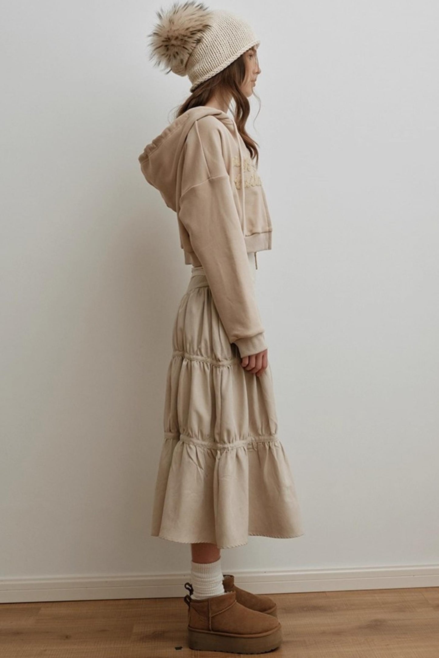 American Retro Suede Spliced Belt Umbrella Skirt