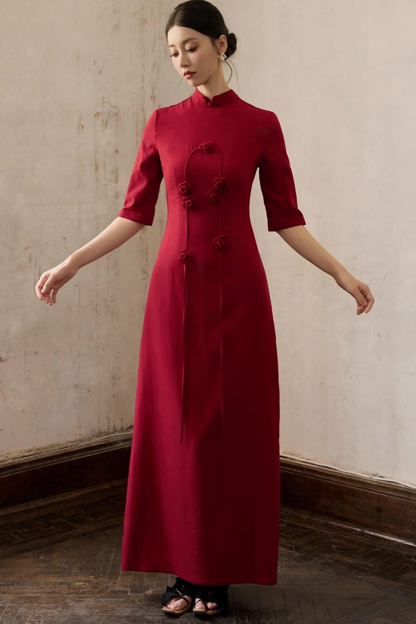 Red Flower Cheongsam Dress