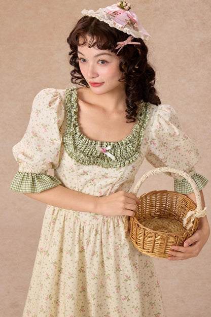 French Pastoral Style Floral Waist Dress