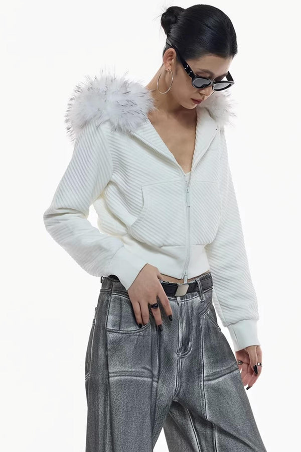 Detachable Fur Collar Twill Jacket