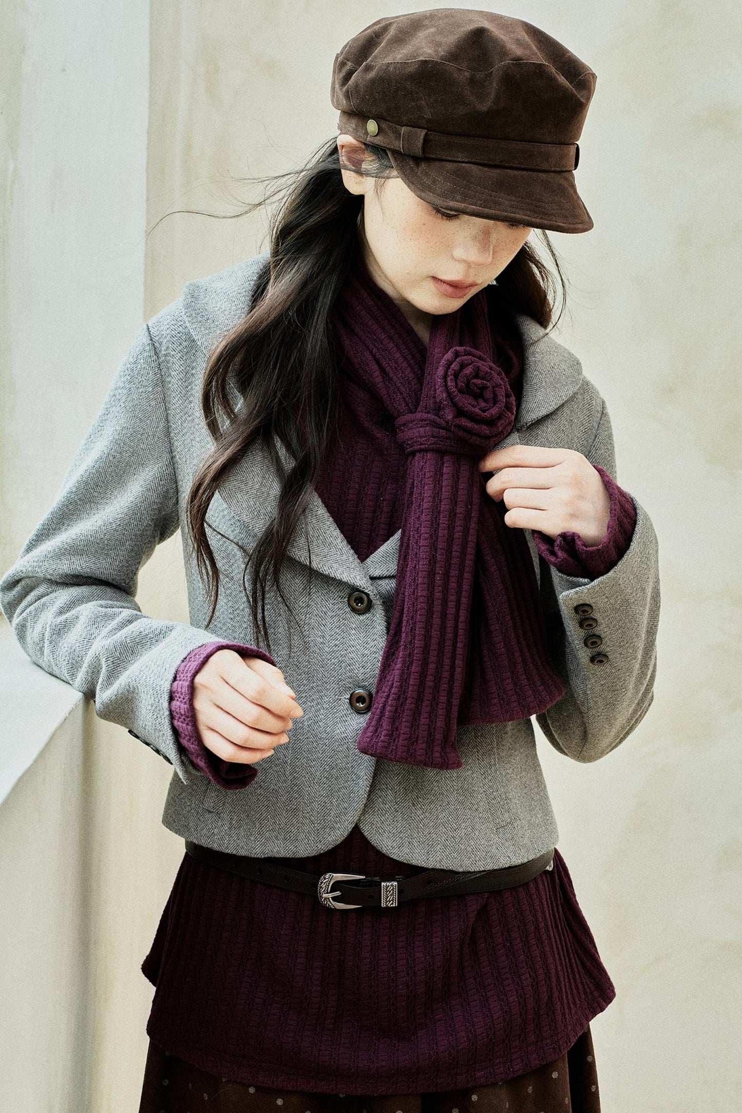 Purple Strip Knit Gray Woolen Jacket Set-Up