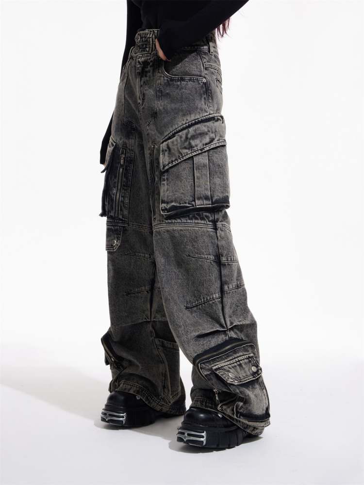 Multi Pocket Retro Wide Leg Denim Pants