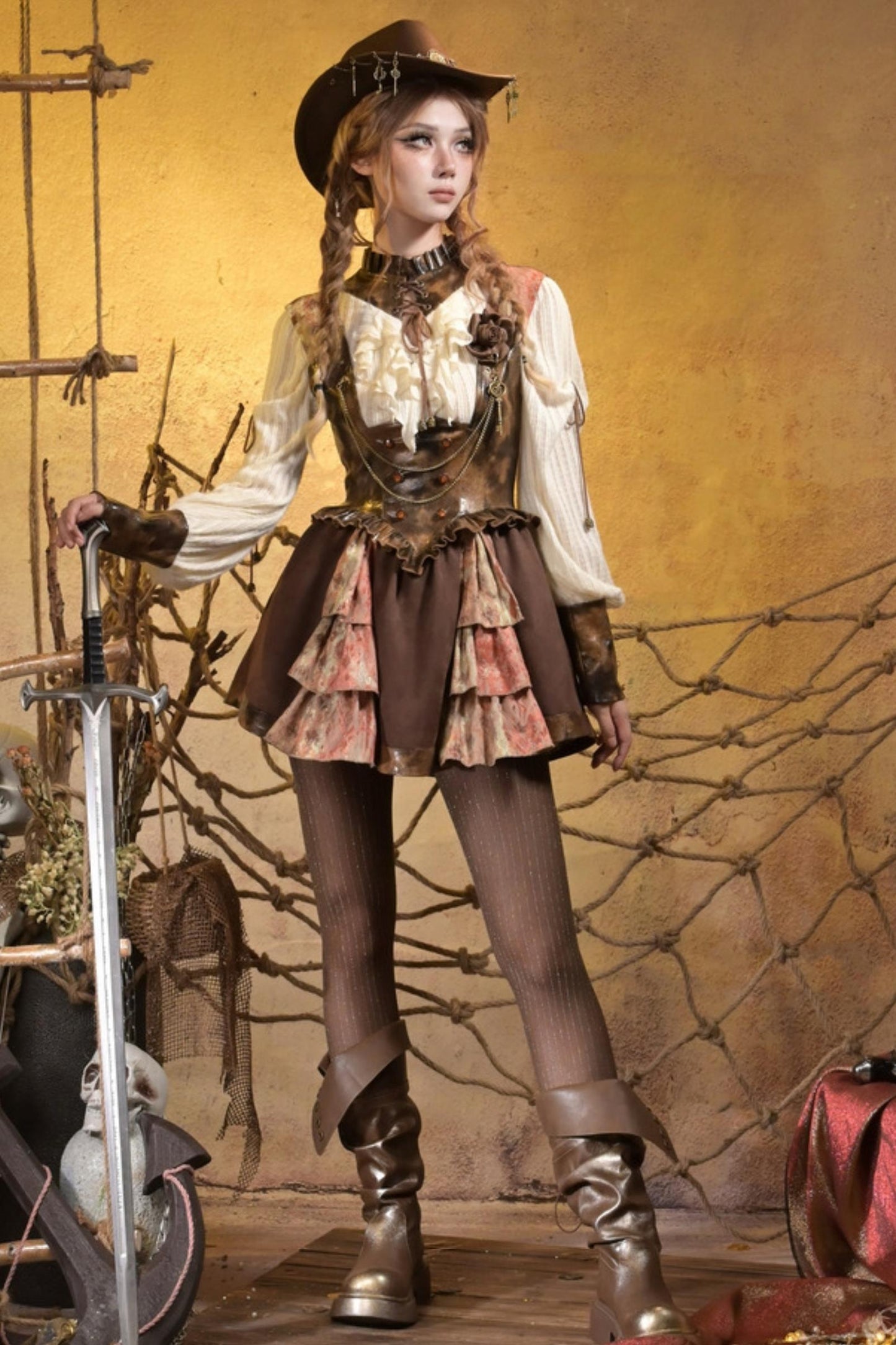 Steampunk Lace Patchwork Dress Set-Up