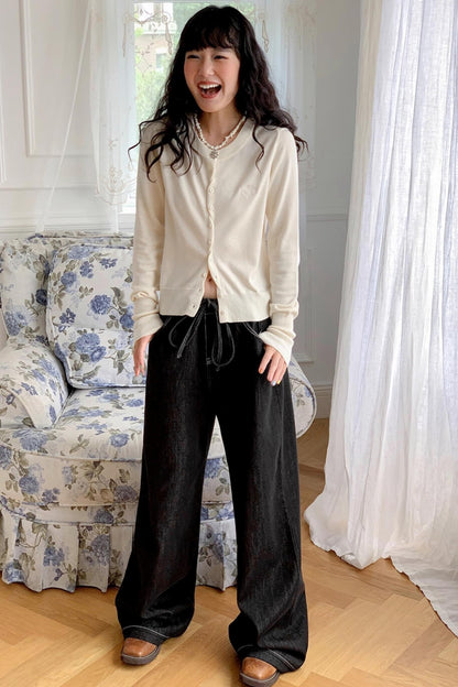 Black Washed Elastic Waist Wide-Leg Jeans