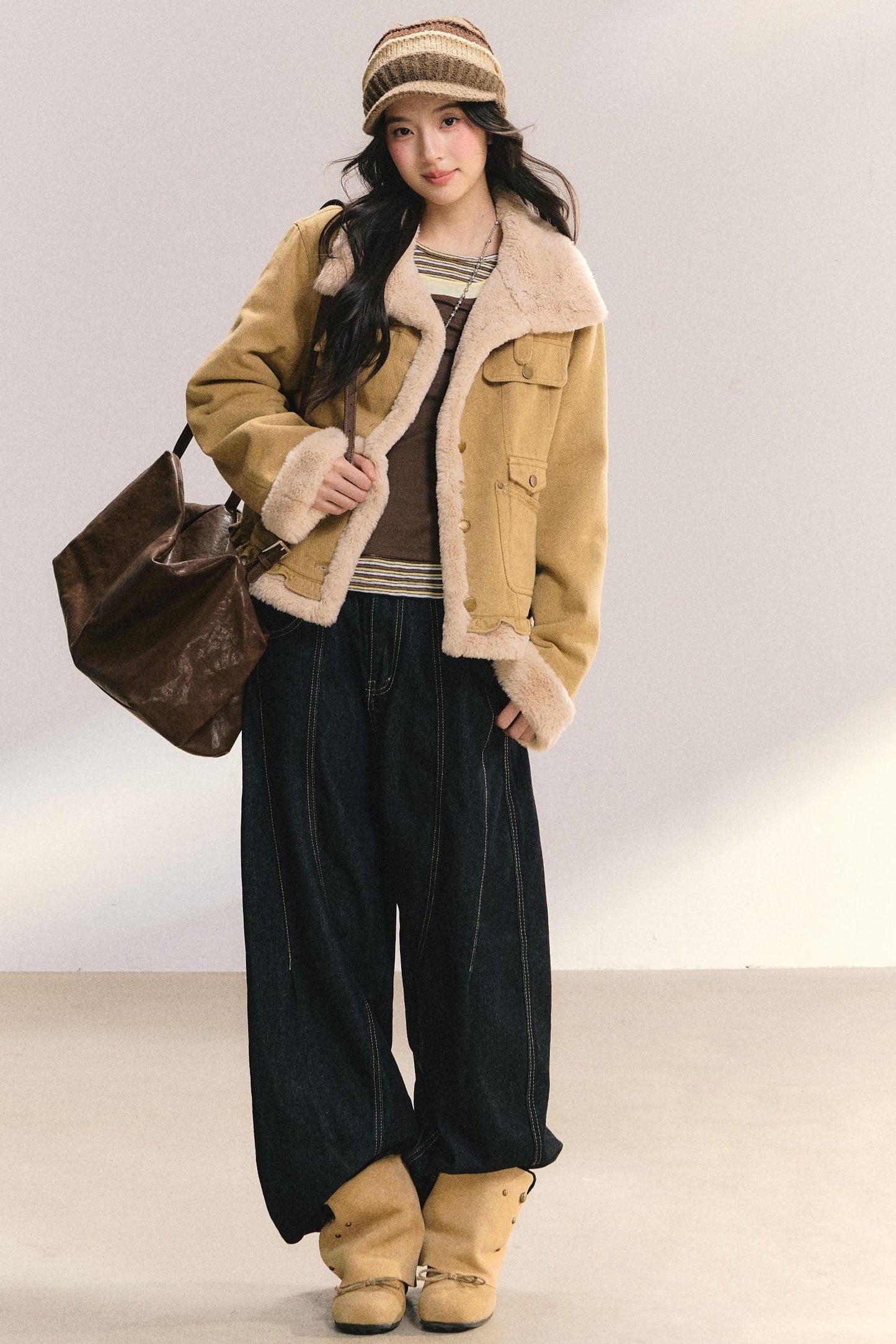 Denim Lace Trim Fur Coat