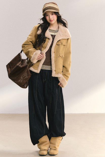 Denim Lace Trim Fur Coat