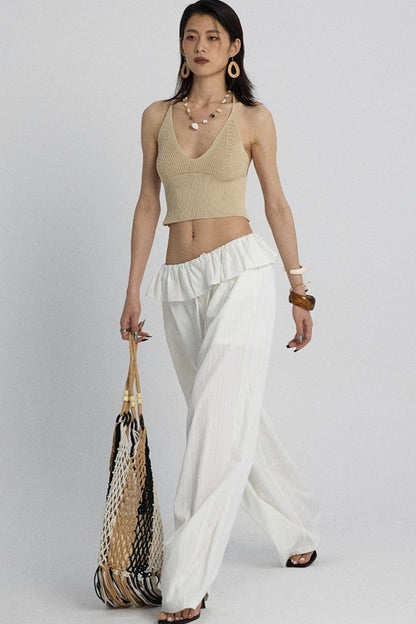 White Lace Drawstring Wide-Leg Pants
