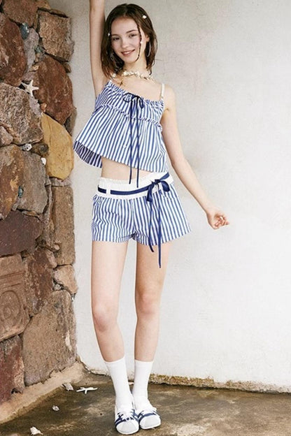 Blue Striped Ruffle A-Line Shorts Set-Up