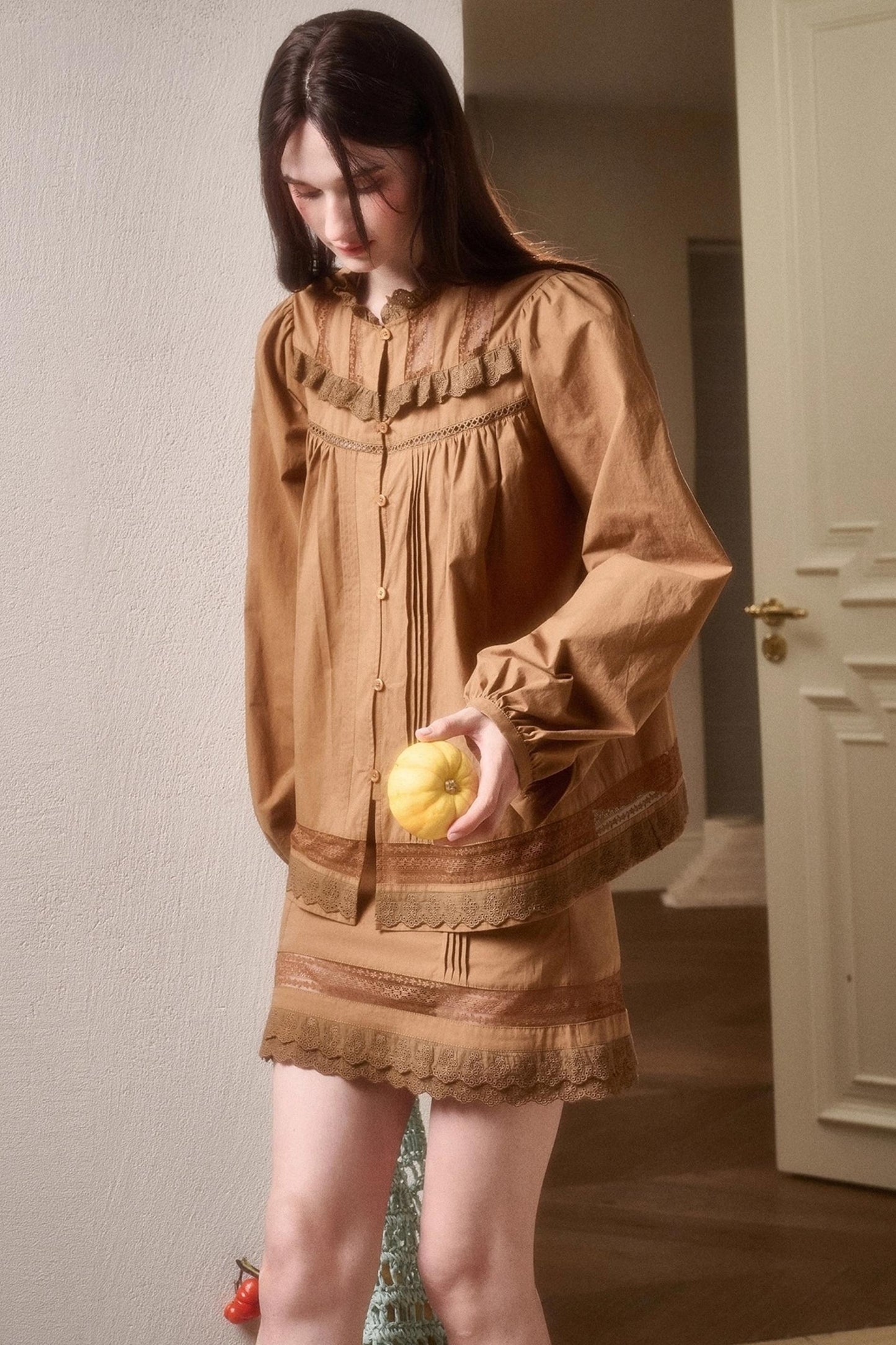 Cotton Lace Shirt With Skirt Set-Up