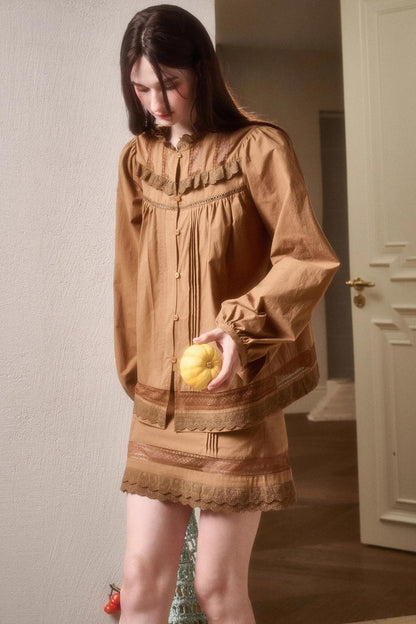 Cotton Lace Shirt With Skirt Set-Up