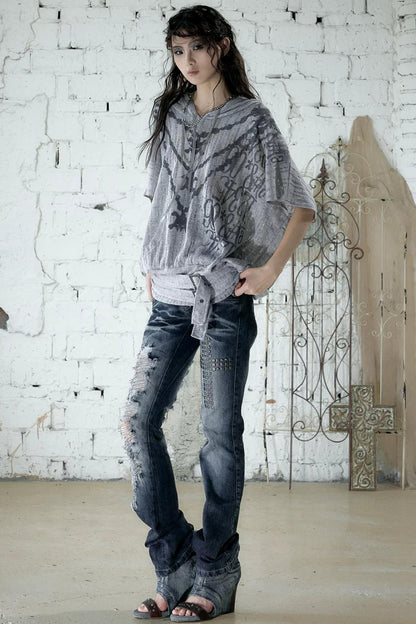 Punk Ripped Knit Hooded Blouse