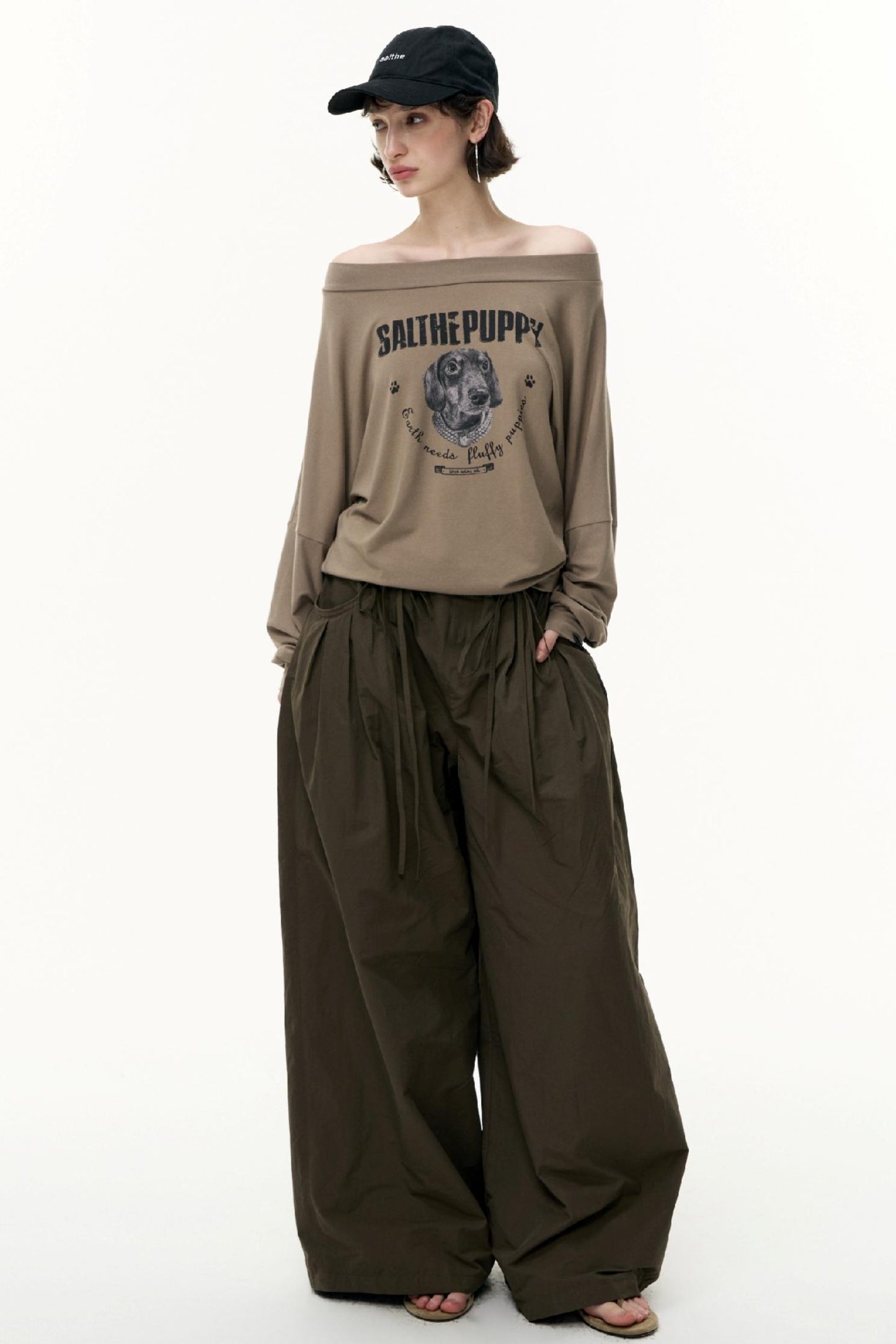 Puppy Print Slanted Shoulder T-Shirt