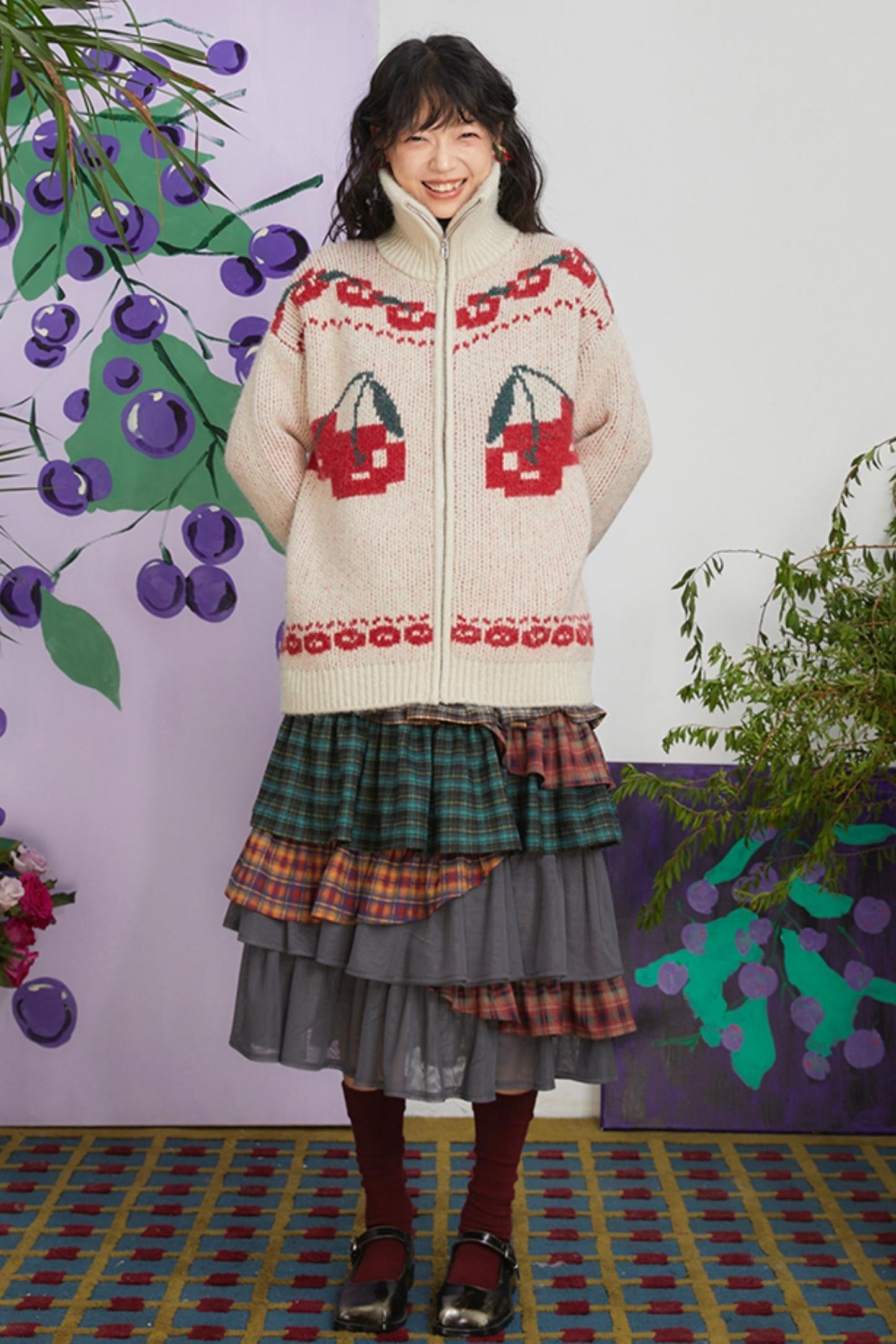 Retro Cherry Jacquard Wool Cardigan