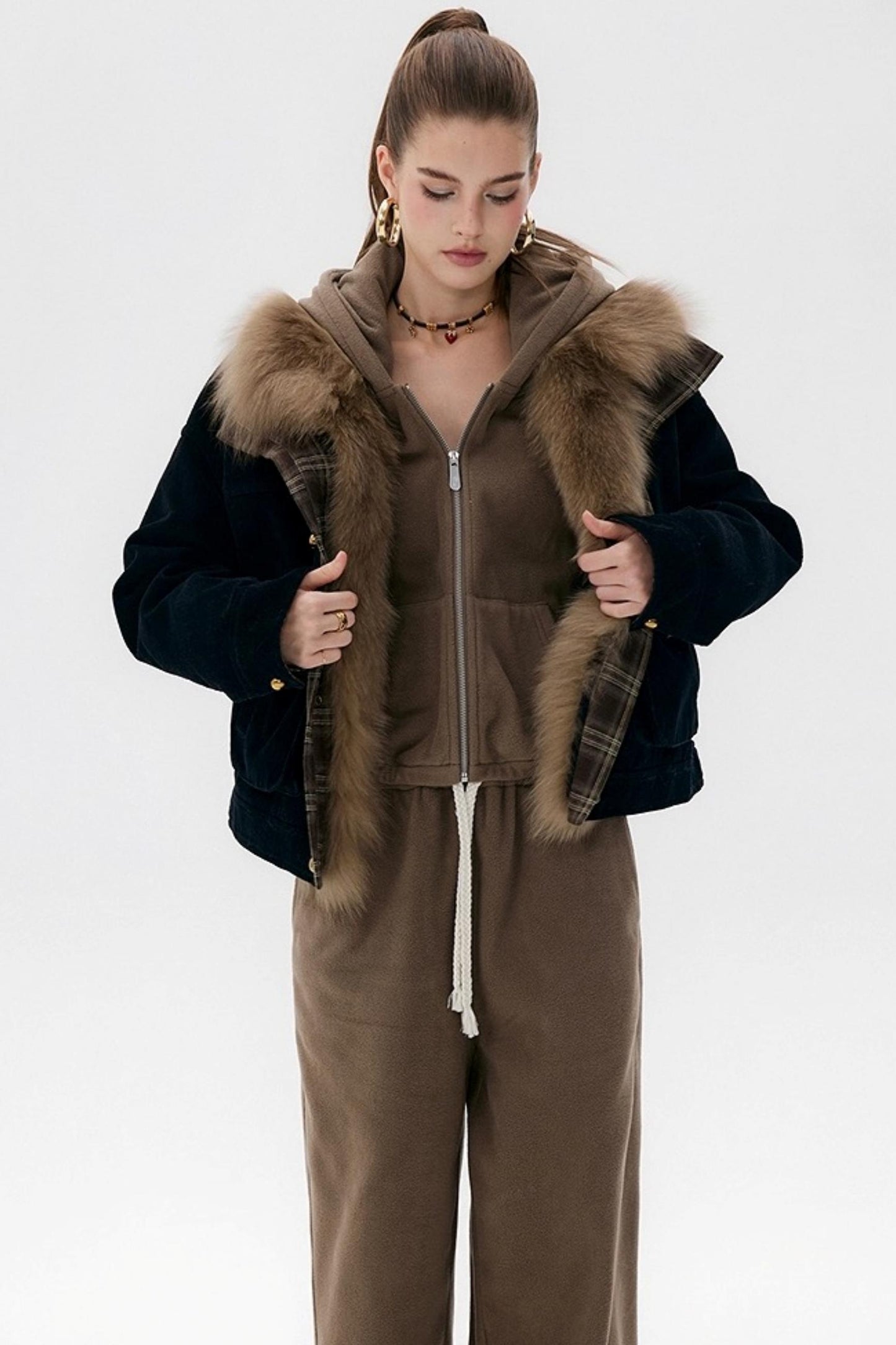 Khaki Fleece Bunny Ear Cardigan Set-Up