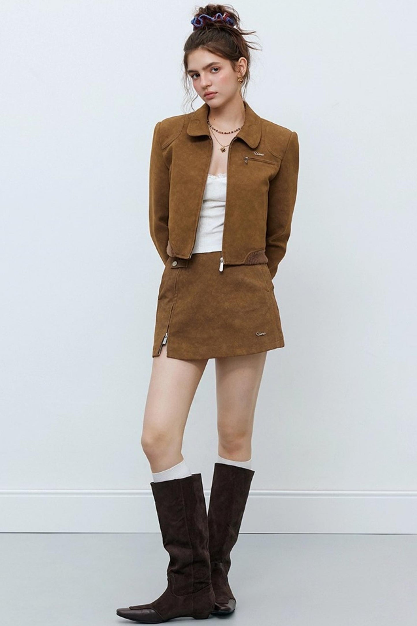 Caramel Brown Faux Suede Jacket Set-Up