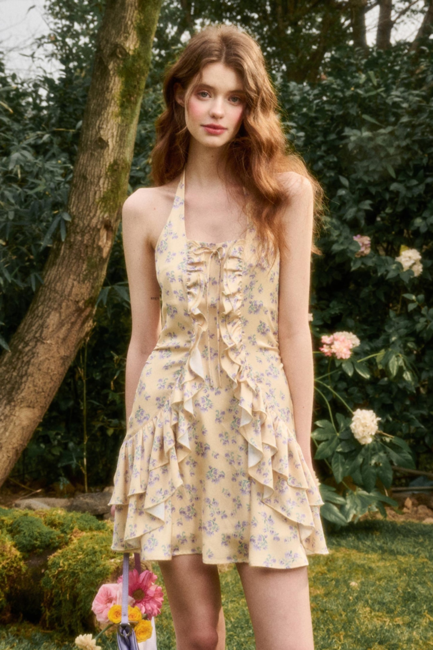 Lemon Sea & Iris Lace Halter Satin Dress