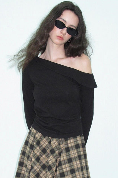 Slanted Shoulder Knit Top Skirt Set-Up