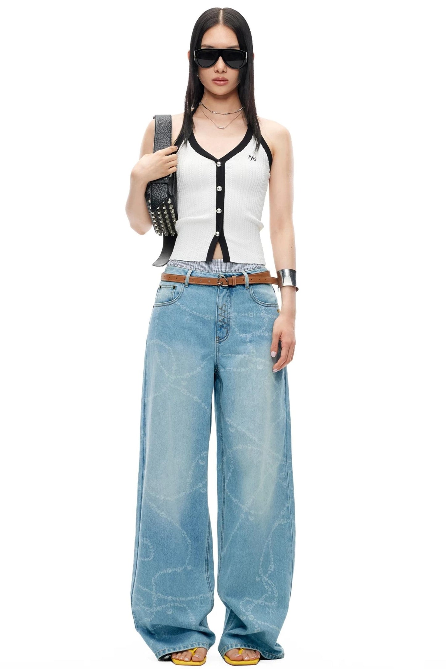 Washed Laser Print Denim Pants