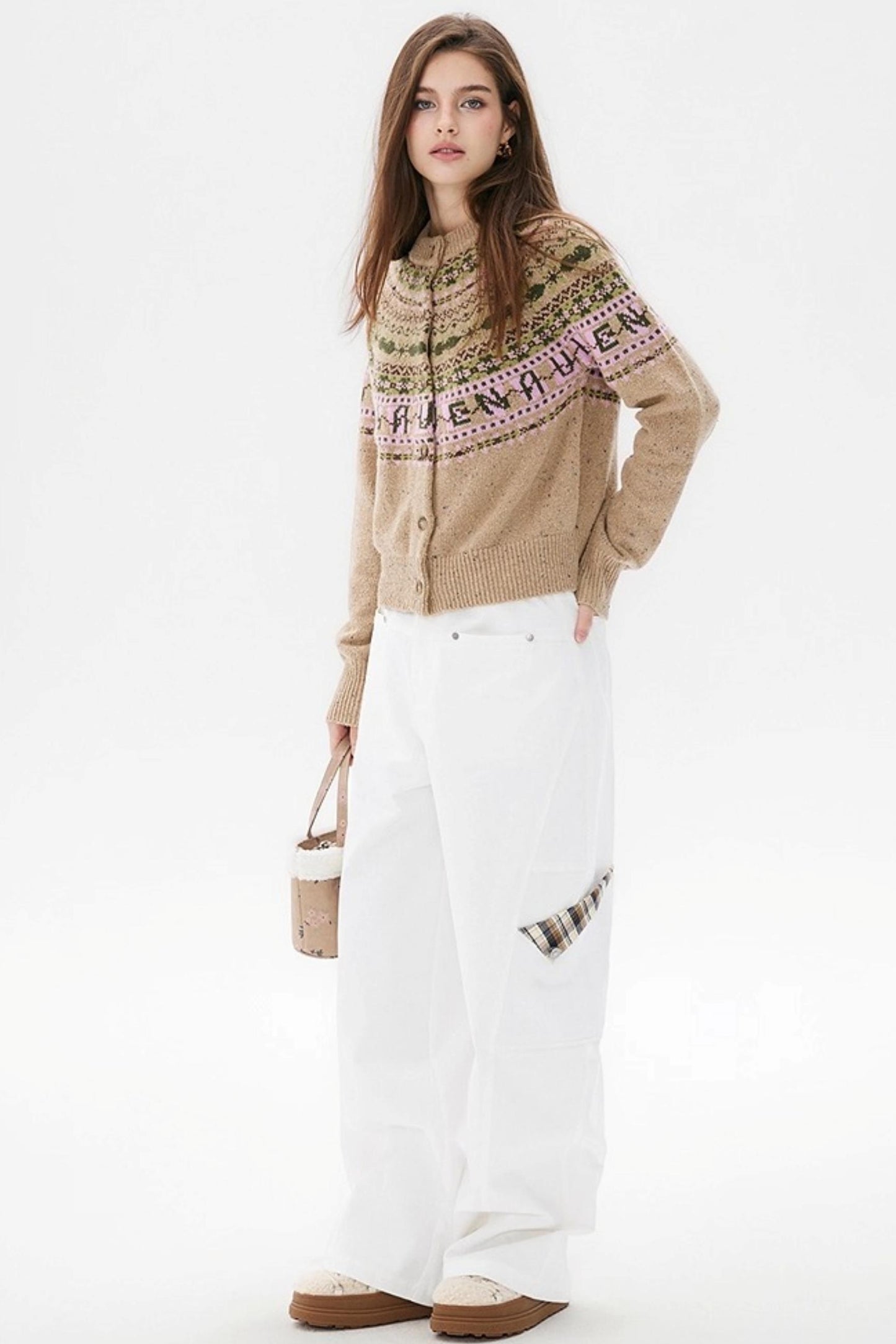 White Plaid Wide-Leg Cargo Pants