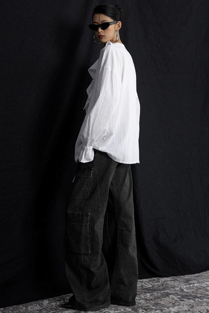 Winter White Ruffled V-Neck Shirt